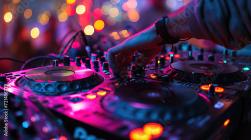 DJ's hand adjusting a mixer on a DJ console with colorful blurred lights in the background