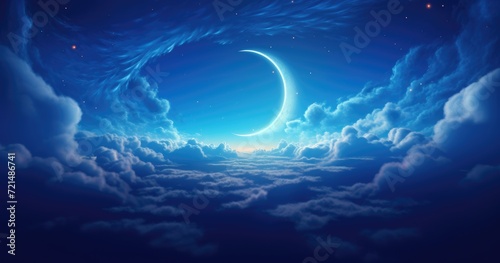 A crescent moon shines brightly amidst a cloudy night sky, with stars twinkling in the background.