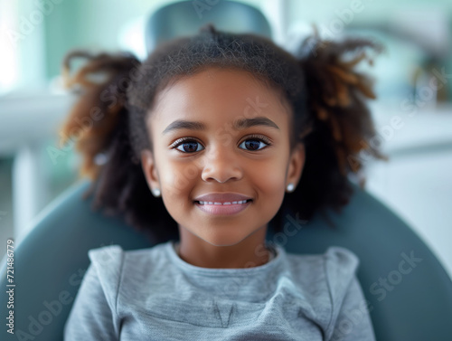 A little girl smiling sitting in a dental chair