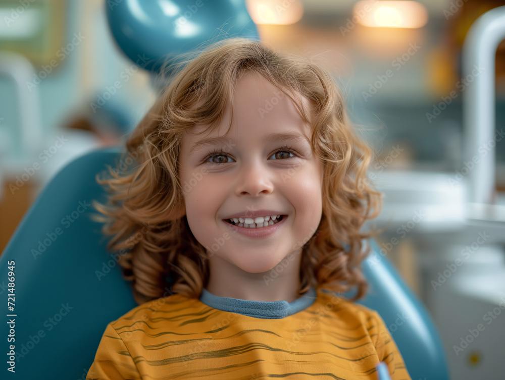 A young boy smiling sitting in a dental chair A young boy smiling sitting in a dental chair