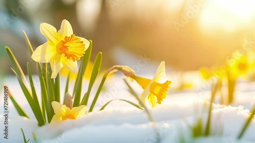 View of the spring flowers in snowy park. New fresh narcissists blossom in beautiful morning with sunlight. Wildflowers in the nature photo