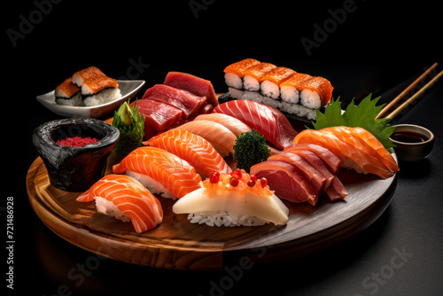 Traditional Japanese dish on a black background. Delicious fresh rolls, sushi, sashimi