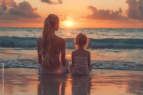 A young mother and her daughter stand on the shore, their clothing rustling in the gentle ocean breeze as they watch the vibrant sky transform into a fiery canvas, creating a picturesque sunset on th