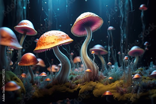 Beautiful and colorful mushrooms. Vivid magic mushroom forest. Psychedelic mushrooms radiating a magical  surreal energy