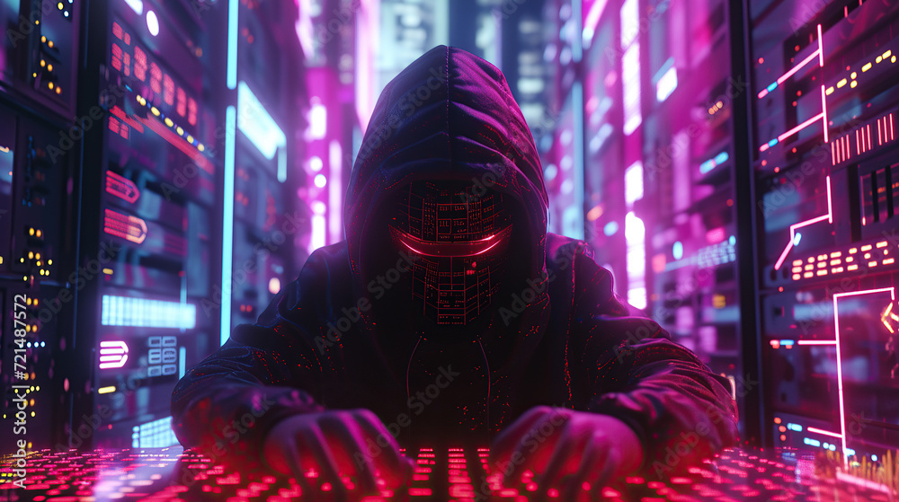 Obraz premium Capture the mysterious world of a realistic Anonymous hacker immersed in a web of glowing data, surrounded by a neon-lit network. Generative AI