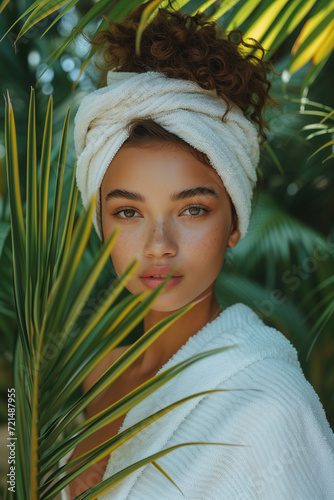 Woman with a towel headwrap amidst tropical leaves background. Image for eco-friendly cosmetics, spa resort or retreat center brochure. Vacation concept. Banner with copy space.