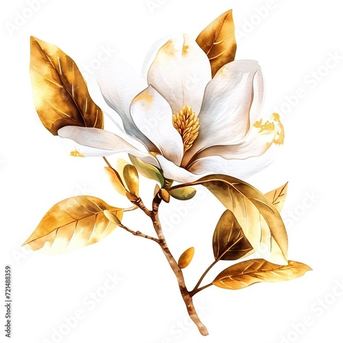 Watercolor flower white magnolia with gold leafs on white background