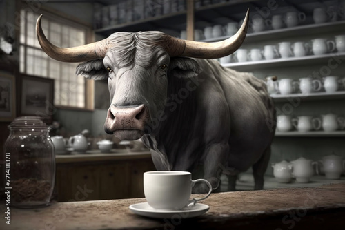 Realistic bull in a tea shop before a cup of tea. Generated by AI.