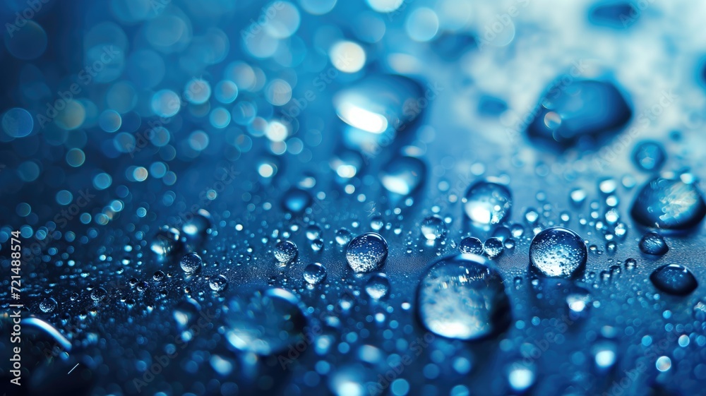 Close-up of vivid blue water droplets; detailed texture focus