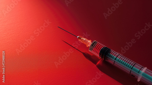 A medical syringe casts a long shadow on a striking red background photo