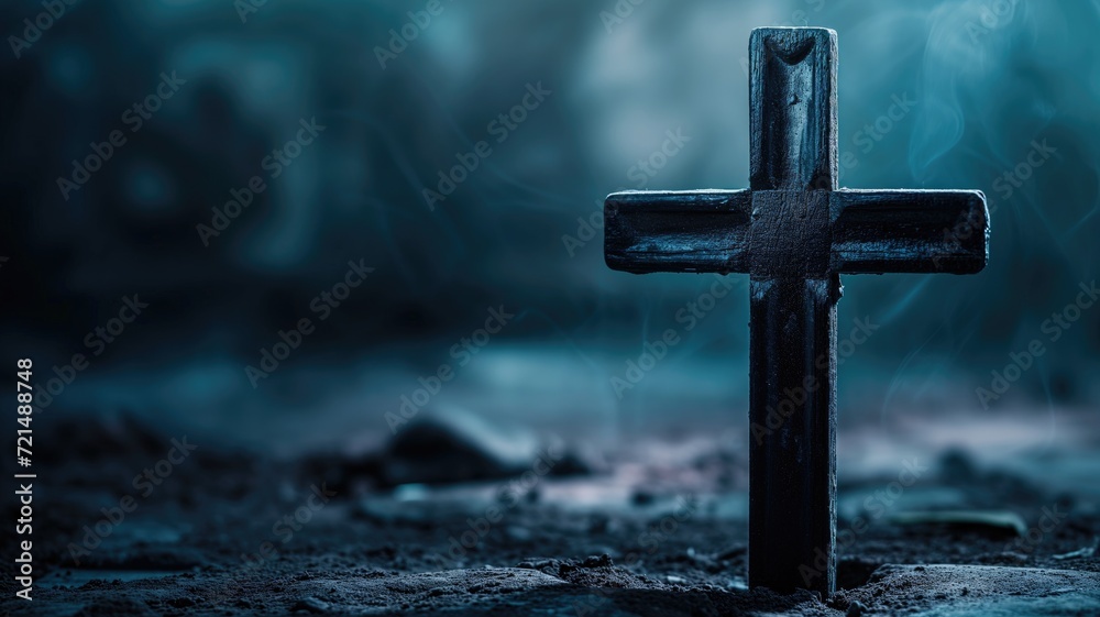 Dramatic wooden cross silhouette in a misty, eerie setting