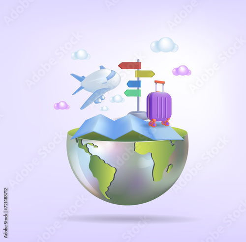 The concept of tourism and travel planning, the icon for the banner.
 Time to travel, 3d vector illustration
