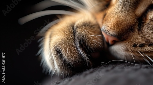 Detailed close-up of a cat's face and whiskers as it sleeps soundly