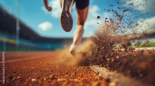 Detailed shot of a sprinter accelerating rapidly, feet gripping the solid ground of the running track. photo