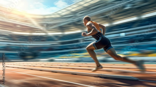 A sprinter, captured at full speed, demonstrates powerful elegance on the sunlit track.