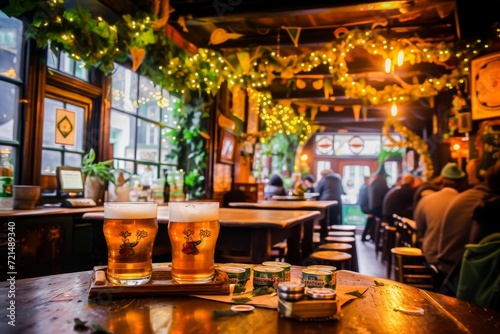 Two glasses of beer on a wooden table in a cozy pub with festive lights and a relaxed social atmosphere.