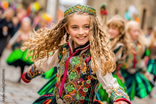 A joyful girl with curly hair smiling during St. Patrick's Day parade in a vibrant and colorful traditional costume.