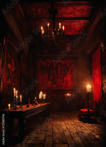 Background at mystical dark interior of medieval room with large red coffin and black paintings against an ancient stone wall. Scared backgrounds for Halloween holiday. Copy space, text place