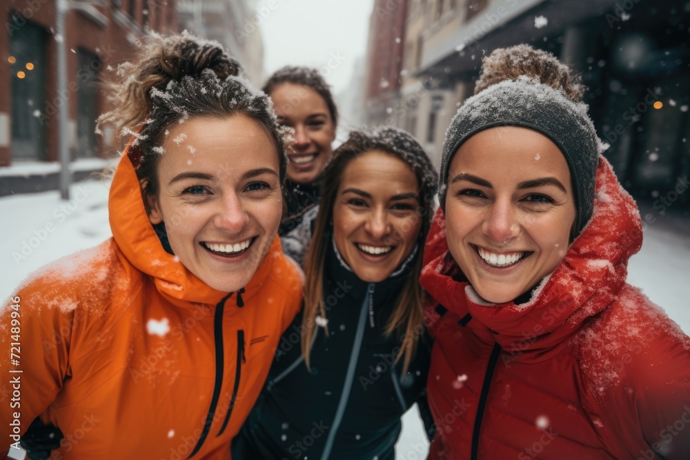 Smiling portrait of young female runners in the city during snow