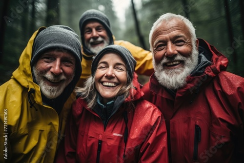 Group portrait of smiling senior people hiking in rain forest