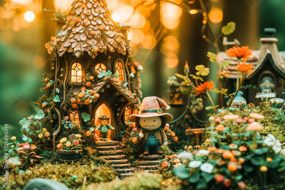 A charming and whimsical miniature fairy garden with a cute gnome, magical houses, and lush flora.