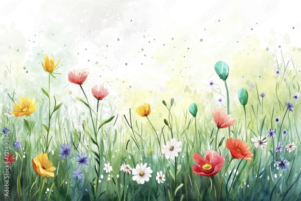Fototapeta premium Watercolor Meadow at Dawn. A serene watercolor meadow with wildflowers at dawn.