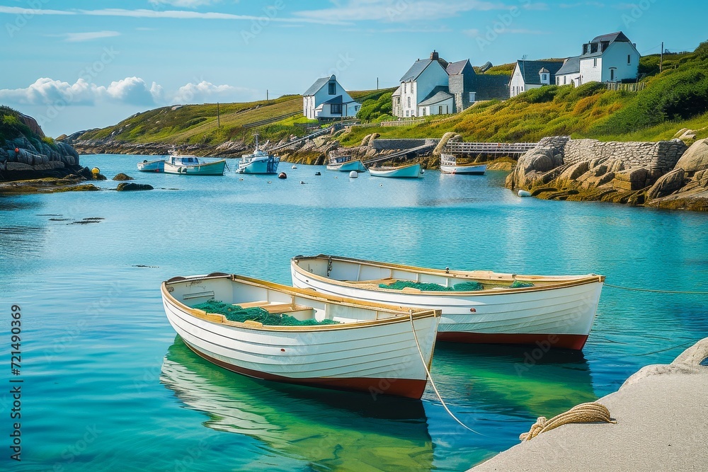 Tranquil coastal village with white fishing boats anchored in a peaceful bay, picturesque houses on a sunny day.
