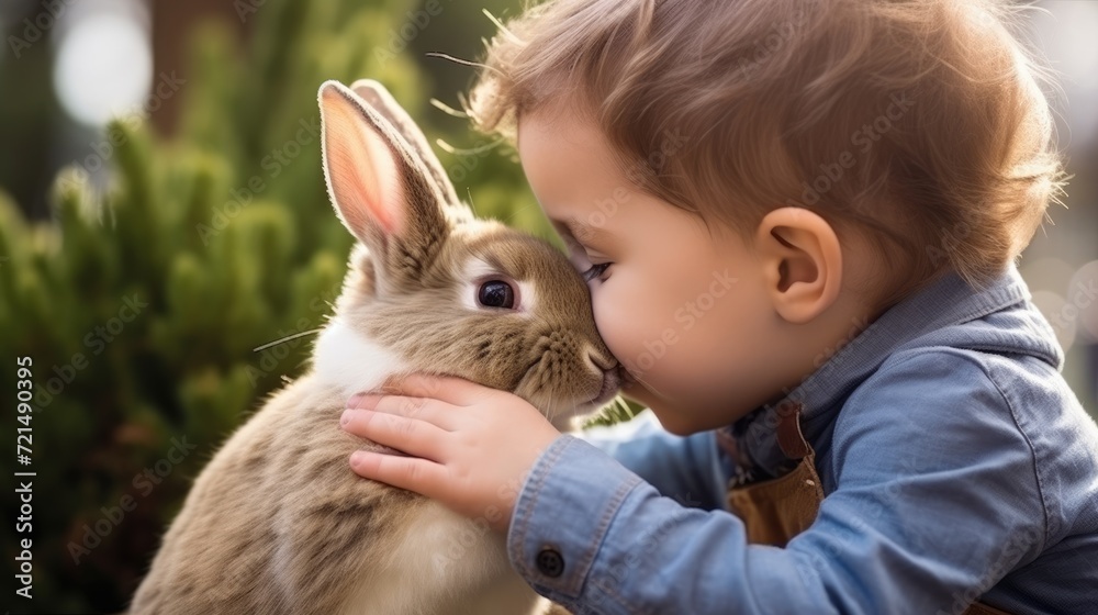 Boy Kissing Rabbit. Toddler boy affectionately kisses his pet rabbit outdoors.