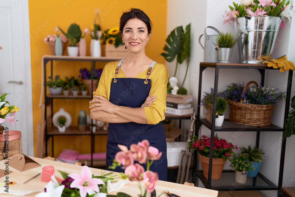Middle age hispanic woman florist smiling confident standing with arms crossed gesture at flower shop