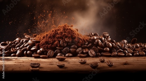 Preparing coffee close up, coffee beans and plate with ground coffee on a dark background