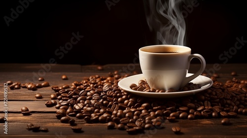 coffee beans and coffee cup on a dark wooden background