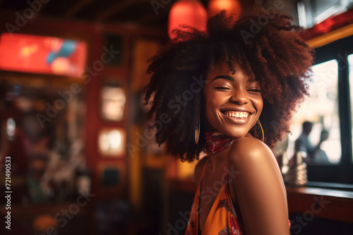 Illustration of young smiling African woman in elegant dress at bar photo