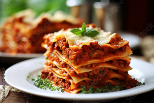 Close-up of a piece of lasagna with meat, cheese and bolognese sauce