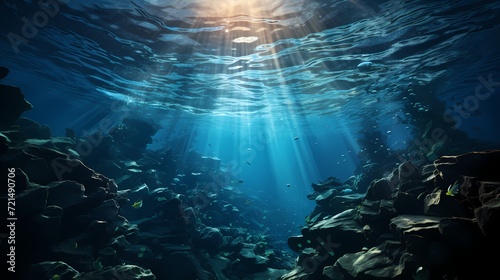 A mesmerizing shot of the cobalt blue ocean, with sunlight piercing through the water's surface