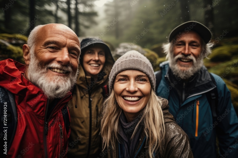 Group portrait of smiling senior people hiking in rain forest Group portrait of smiling senior people hiking in rain forest