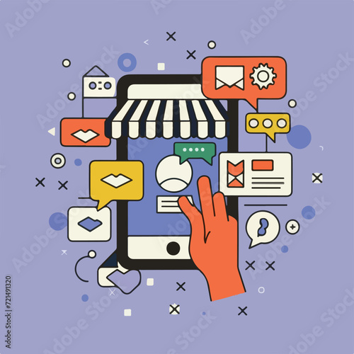 2d vector illustration colorful social media boost , influence blogger E-marketer via Internet pages marketing referral