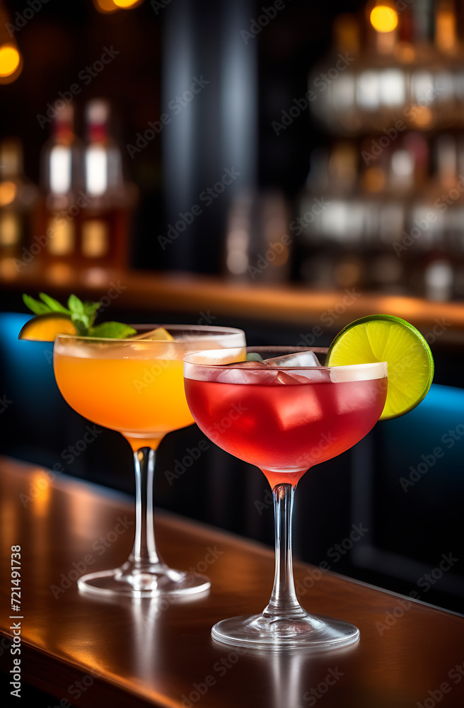 Two classic cocktails decorated with a slices of lime on the bar counter, against the backdrop of an moody dark pub