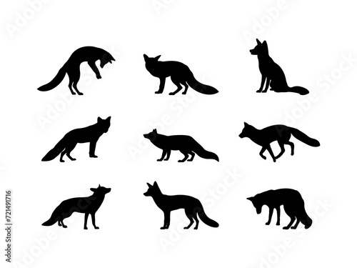 Set of Fox Silhouette in various poses isolated on white background