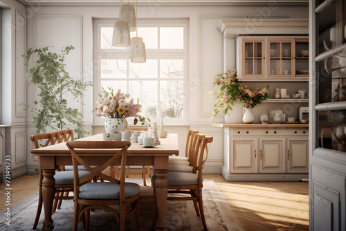 dining room with a statement pendant light 