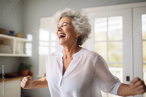 Caucasian middle aged mature woman dancing at home