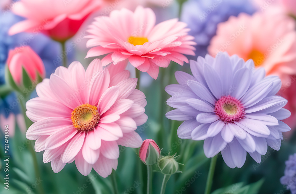Gerberas, daisies, garden flowers in pastel colors, watercolor