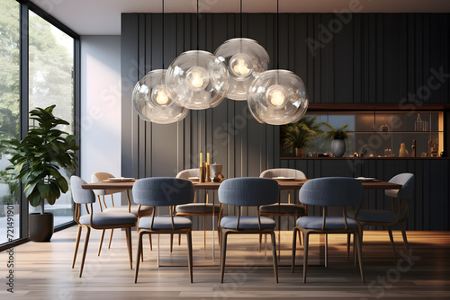 dining room with a statement pendant light  © sugastocks