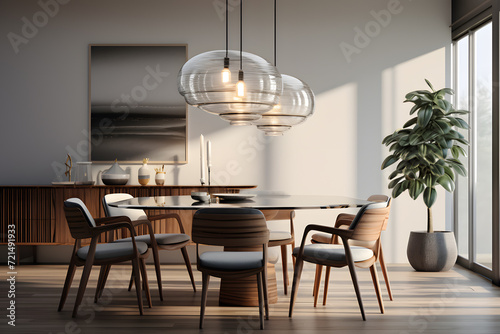 dining room with a statement pendant light 