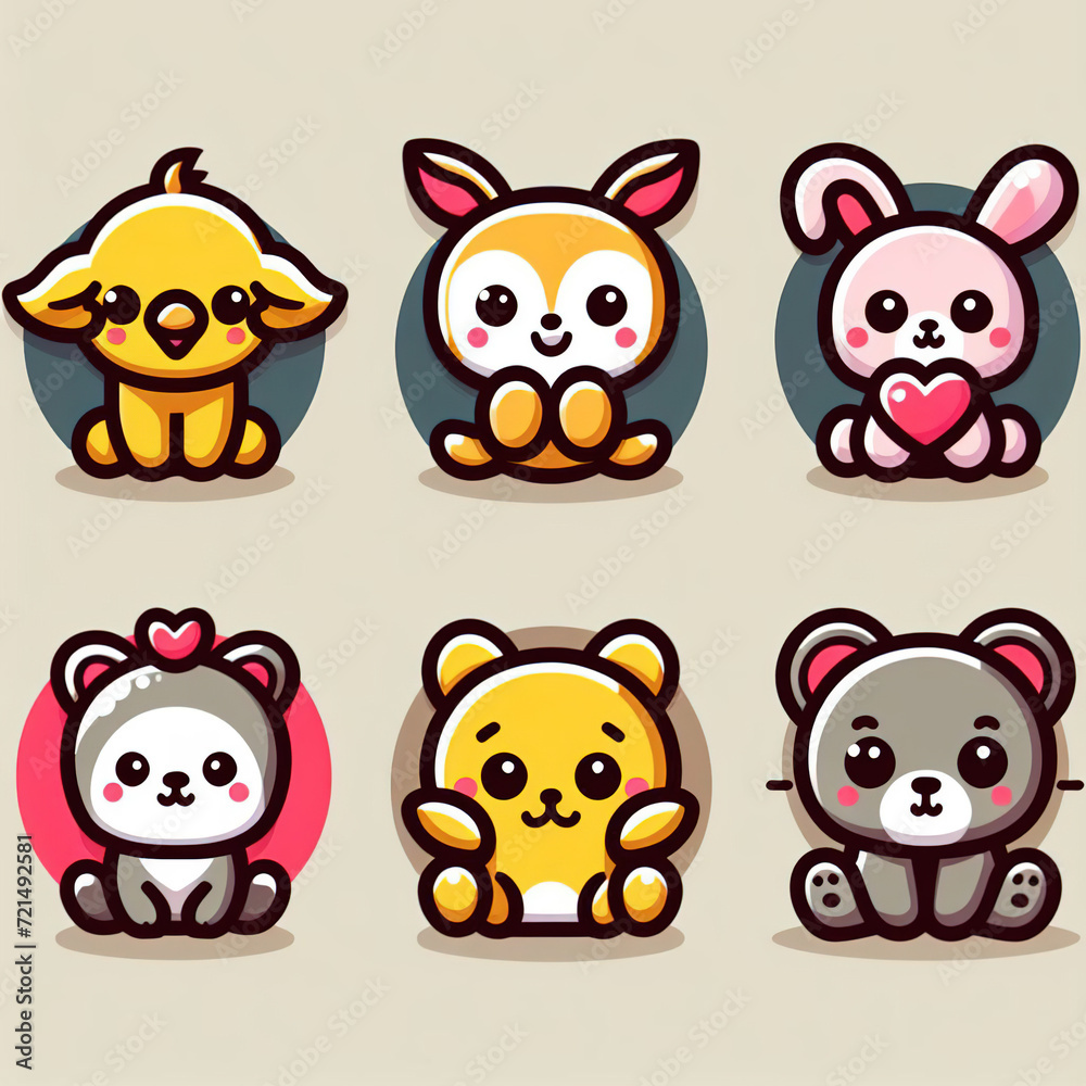 Set of cute animalsit poses cartoon on white background.Animals character design.Image for card,poster,sticker,baby clothing.Jurassic.Kawaii.Vector.Illustration. Set of cute animalsit poses cartoon on white background.Animals character design.Image for card,poster,sticker,baby clothing.Jurassic.Kawaii.Vector.Illustration.