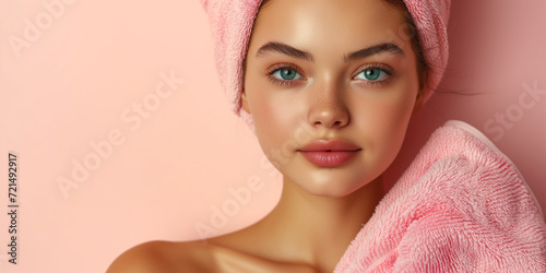 Girl with a pink towel wrapped around her head against pink background. Image for a facial spa or wellness center  skincare brand. Banner with copy space.