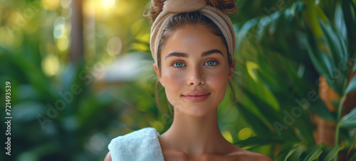 Woman with a towel headwrap amidst tropical leaves background. Image for eco-friendly cosmetics, spa resort or retreat center brochure. Vacation concept. Banner with copy space.