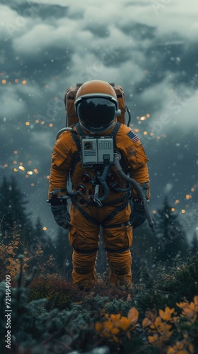 a astronaut standing next to leaves in the jungle