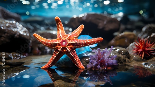 A close-up of a starfish clinging to a rock in the cobalt blue ocean, showcasing its vibrant colors