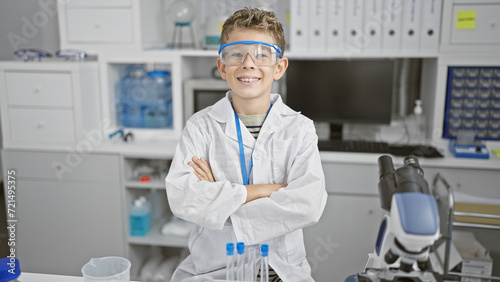 Confident and smiling blond boy scientist in lab, cute kid with arms crossed in adorable gesture, sitting at work table, radiating happy confidence photo