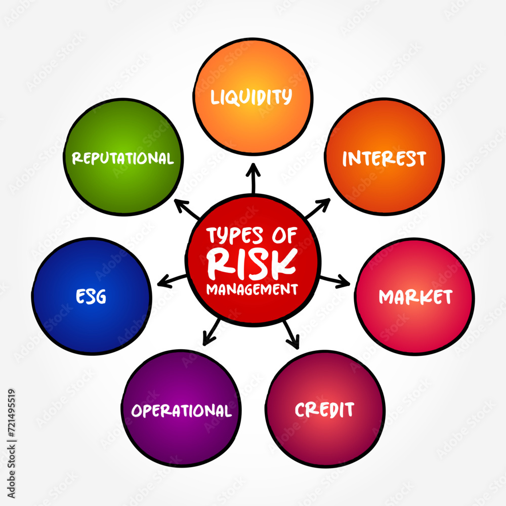 Types of Risk Management - process of identifying, assessing and controlling threats to an organization's capital and earnings, mind map text concept background